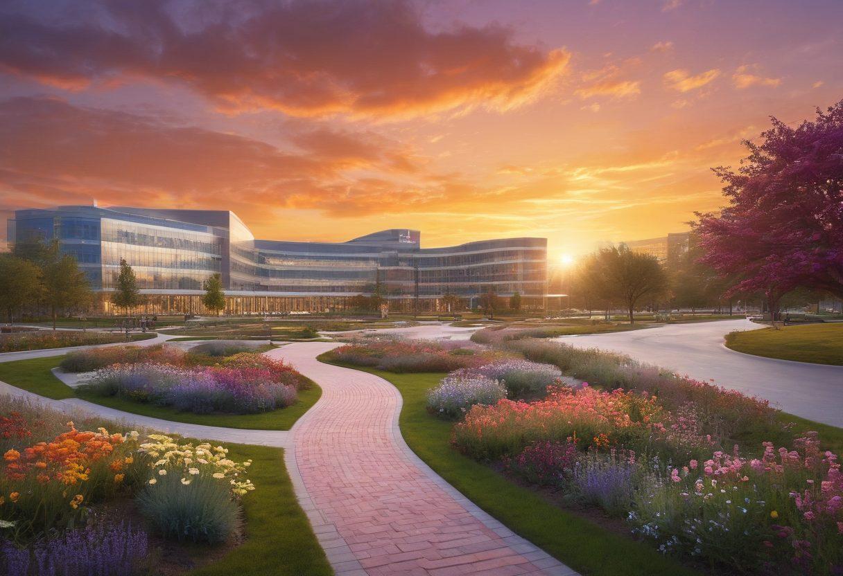 A dynamic landscape representing the oncology field, with a winding path leading through a mix of hospital settings, supportive care environments, and research labs. The foreground includes compassionate healthcare professionals engaging with patients, while the background features symbolic representations of hope like ribbons and blooming flowers. A warm sunset casts a hopeful glow over the scene, highlighting the journey of cancer treatment and support. super-realistic. vibrant colors. soft focus.