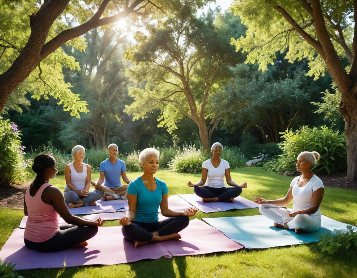 A serene scene depicting a diverse group of cancer survivors, each engaged in different wellness activities such as yoga, reading, and gardening. Soft sunlight filters through trees, symbolizing hope and vitality, with resources like books and wellness guides subtly placed around them. The background features a calm landscape with uplifting natural elements. vibrant colors. super-realistic.