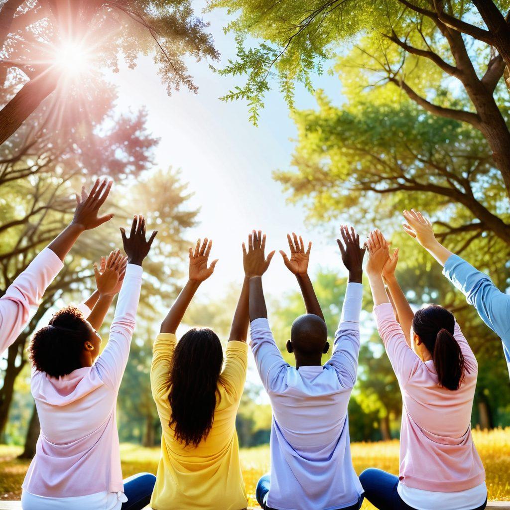 A warm, inviting scene depicting a diverse group of people in a supportive circle, sharing knowledge and experiences about cancer prevention and treatment. Include visuals of raised hands, healthy food, and symbols of positivity, like sunlight shining through trees. Background elements should convey a sense of hope and empowerment. pastel colors. soft focus. uplifting and inspirational.